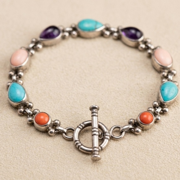 None Jewelry - Sterling Silver SH Multi Stone Toggle Bracelet Turquoise Coral Amethyst Artisan
